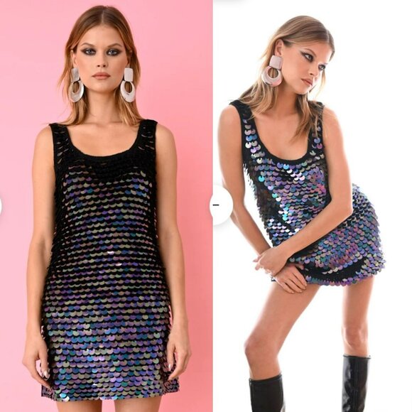 NEW JoosTricot Black Oil Slick Sequin Crochet Mini Rave Dress Retro Y2K Fashion - Picture 1 of 11